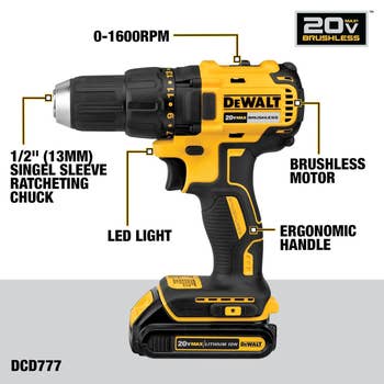 DeWalt 20V Max cordless drill with brushless motor, ergonomic handle, LED light, and 0-1600 RPM. Features see azygous sleeve ratcheting chuck