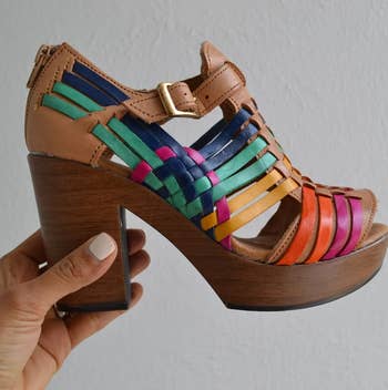 reviewer holding the multicolored platform sandal