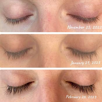 three panels showing a reviewer's lashes over the course of three months 