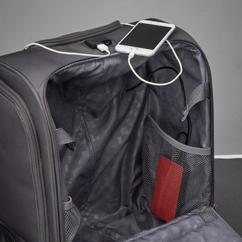 interior of suitcase, with USB port on top