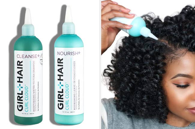 Teal and green shampoo and conditioner bottles on a white background, model with curly hair applying product onto scalp in a gray top