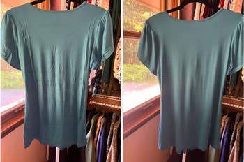 Teal short-sleeve top, shown before and after removing the wrinkles