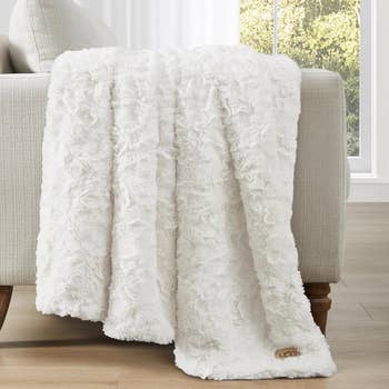 Plush faux fur blanket draped over a couch, highlighting cozy and luxurious texture. Perfect for home decor and comfort