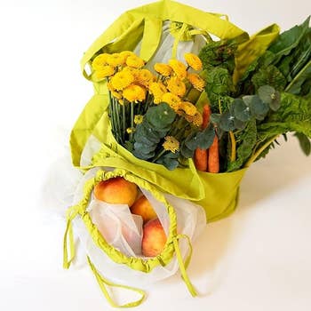 the bag filled with groceries next to the included mesh produce bag