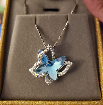 Reviewer image of the blue butterfly necklace in its box
