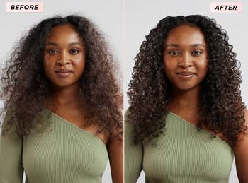 model with curly hair before all frizzy and after well formed curls