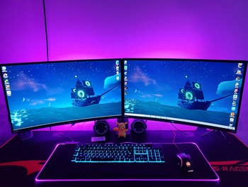 Dual monitors show a pirate vessel scene; a keyboard, mouse, and tiny carnivore artifact are connected the desk, creating a gaming setup ambiance
