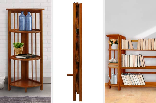 Close-up of four-tier wooden corner bookshelf, product folded on white background, product next to long matching three-tier shelf