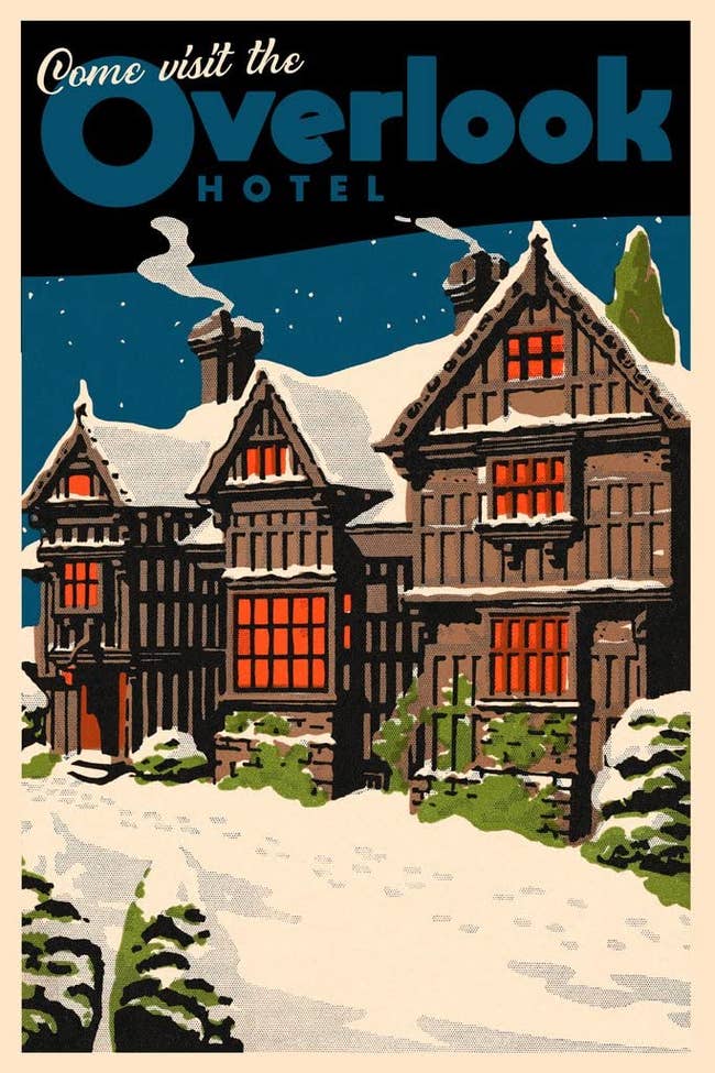 cartoon travel poster of hotel from the shining