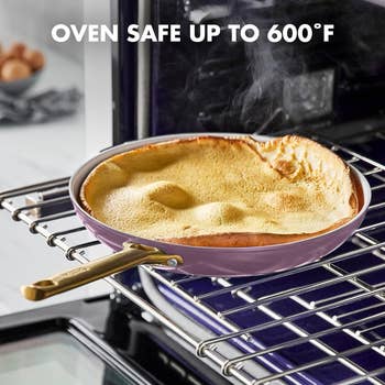 purple pan with food inside an oven and text that reads, 