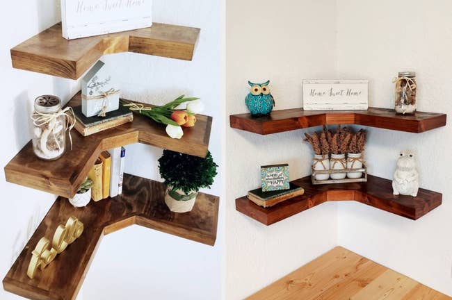 Bird's eye view of l-shaped brown floating corner shelves with plants and decor, straight view of product with knick-knacks on shelves