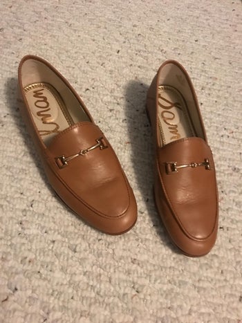 Reviewer photo of the loafers in tan