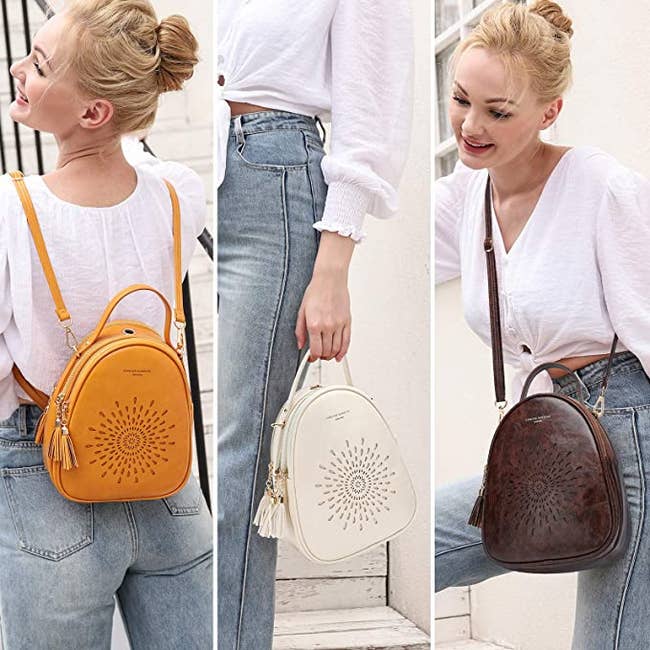 side-by-side of a model wearing a yellow mini backpack, carrying a white mini backpack, and then wearing a brown mini backpack as a crossbody
