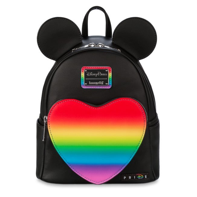 the mini backpack with the word pride on the bottom with the disney d and a rainbow heart front pocket
