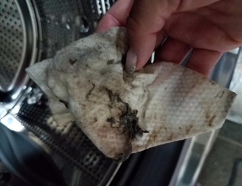 reviewer showing a used wipe covered in gunk it removed from the washer