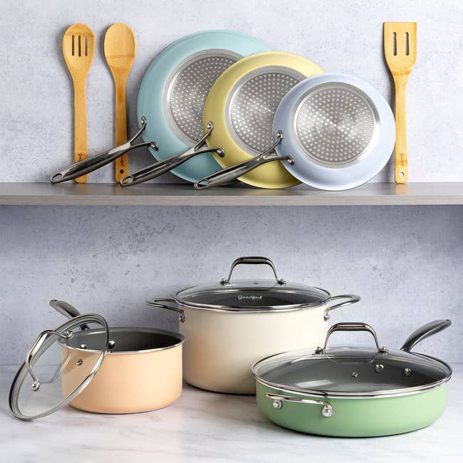 set of colorful pots and pans