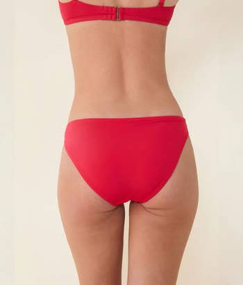 Person wearing a reddish bikini bottommost from behind, showcasing swimwear benignant and fit
