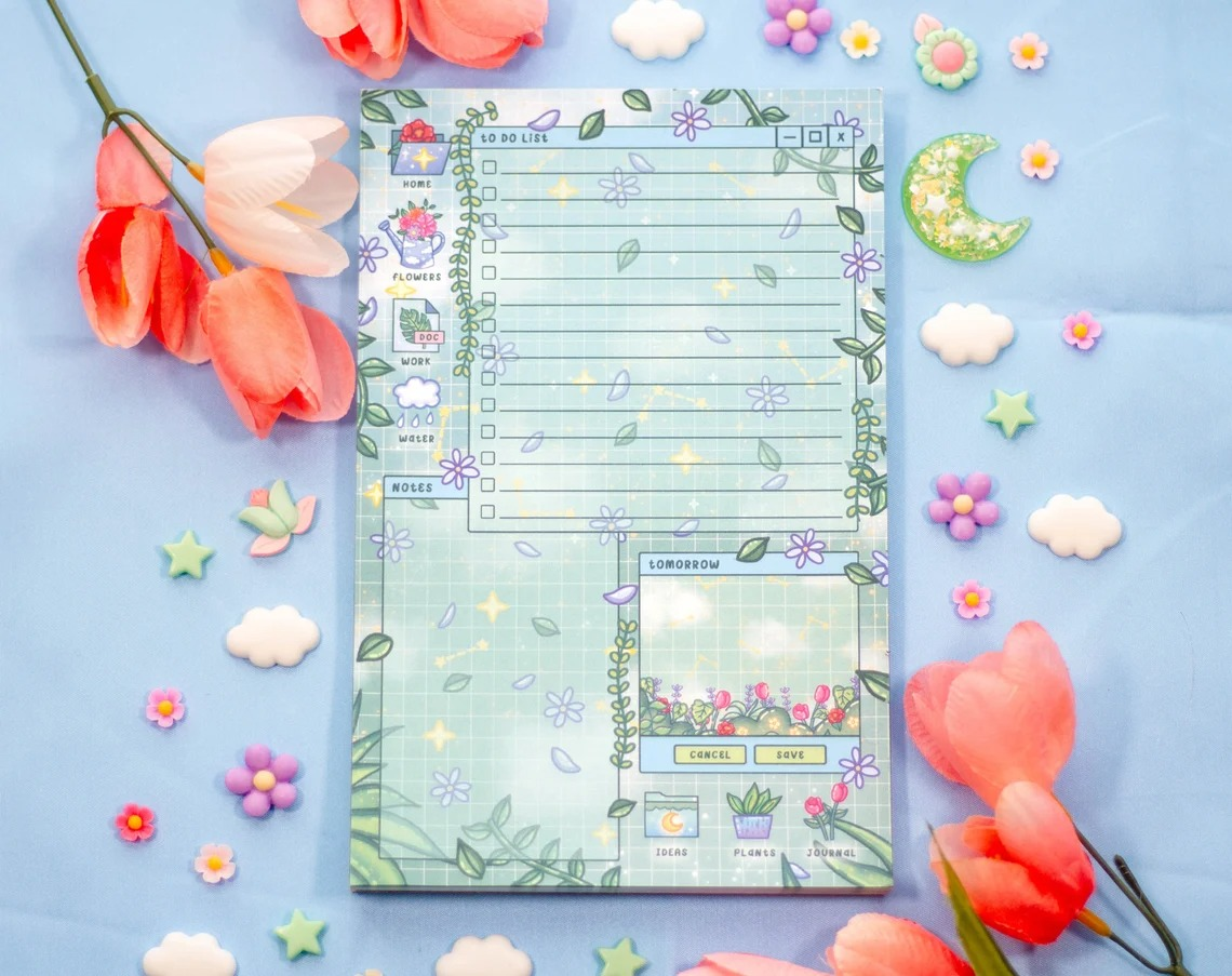 Cute, garden-themed to-do database  and planner leafage   decorated with flowers and stars, surrounded by artificial tulips and star-shaped embellishments