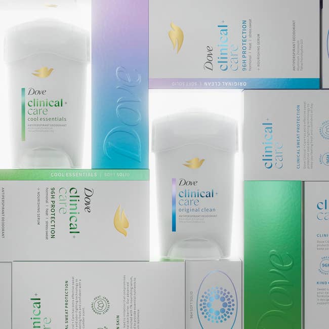 Dove Clinical Care antiperspirant packaging arranged successful a level lay, highlighting antithetic merchandise varieties
