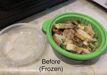 a reviewer photo of the filled steamer with text reading