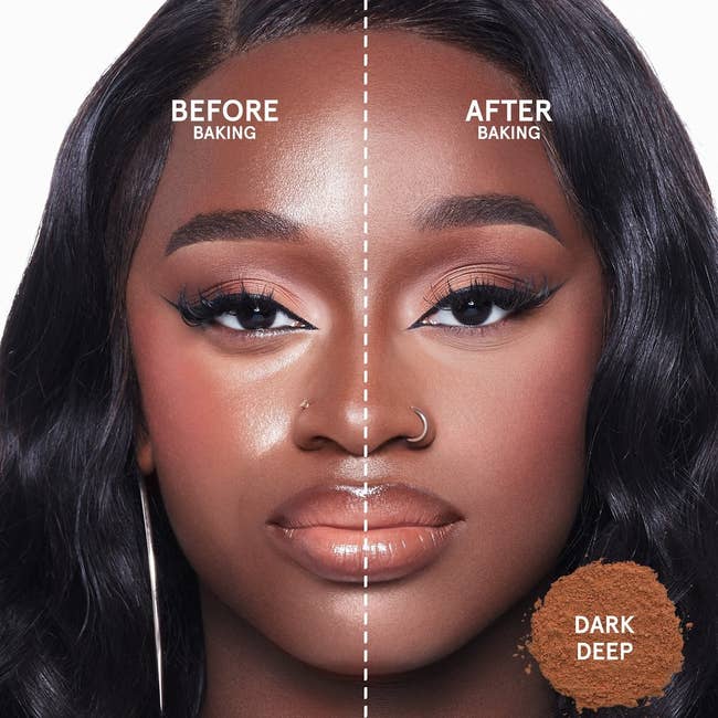 model before and after using blurring powder