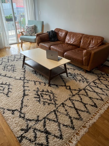 the 8x10-foot rug in a buzzfeed editor's living room