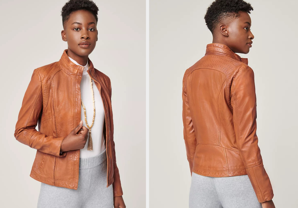 Two images of a model wearing the brown jacket