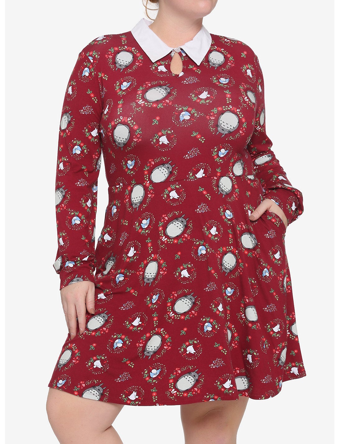 model in red long sleeve collared dress with flower and totoro print