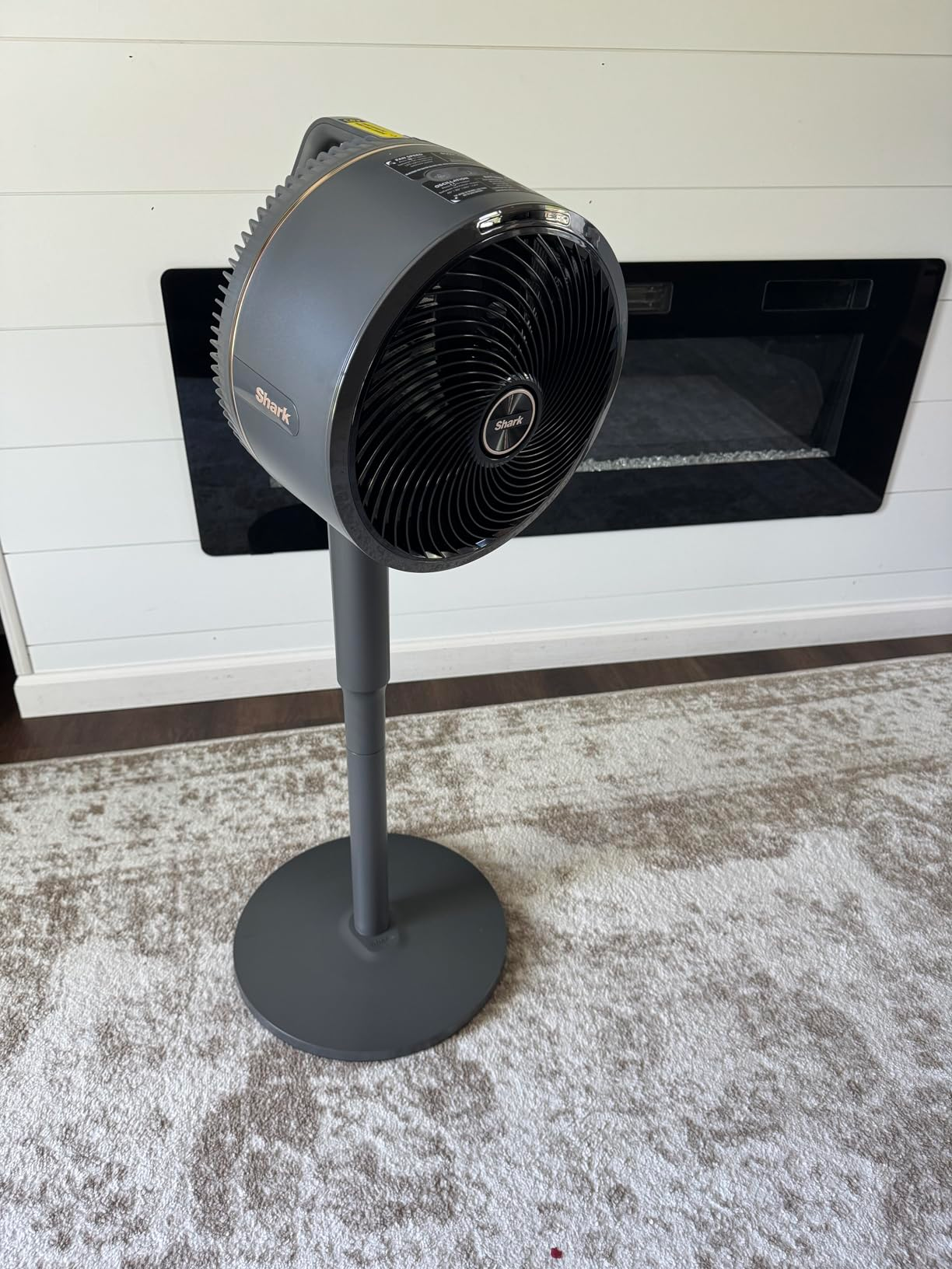 Standing instrumentality   connected  a carpeted level  successful  beforehand   of an electrical  fireplace, showcasing a sleek, modern   plan  perfect  for location  cooling needs