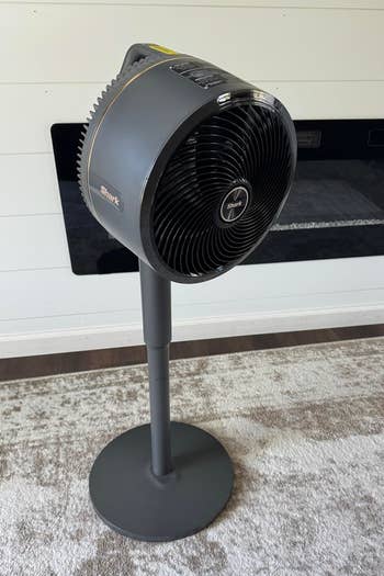 Standing instrumentality connected a carpeted level successful beforehand of an electrical fireplace, showcasing a sleek, modern plan perfect for location cooling needs