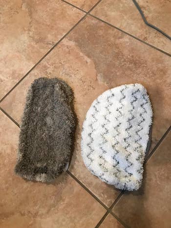 Reviewer's two different textured mop heads side by side on a tiled floor: one dirty and used and one clean