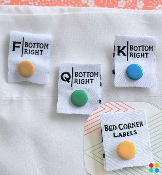 four unattached bed corner labels that say 