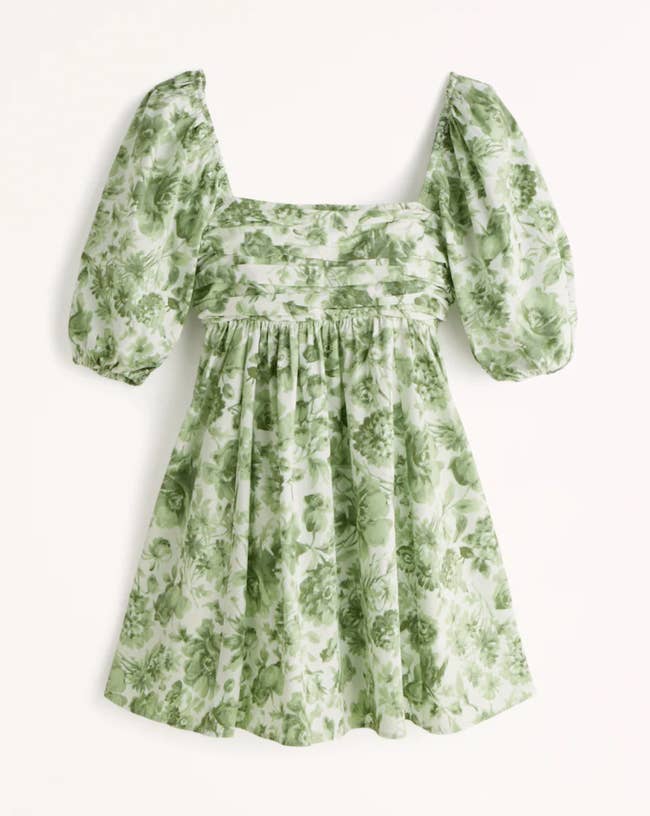 Puff sleeved floral white and sage green mini dress