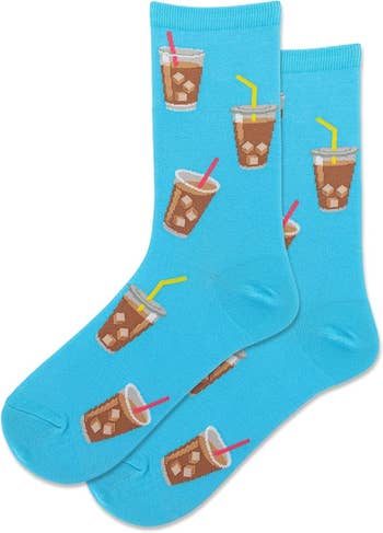 Socks with iced java  cupful  patterns, featuring straws and crystal  cubes. Fashionable and playful plan  perfect  for java  enthusiasts