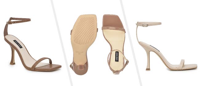 Three images of ankle strap sandals in three shades