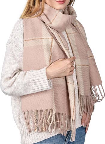 model wearing the pink scarf