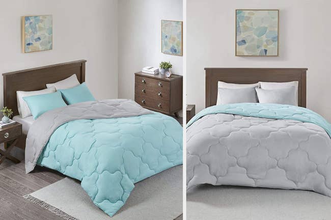 Teal tufted comforter with gray sheets and teal and gray pillowcases next to a brown wooden nightstand, product flipped over showing gray side with gray pillows on top of a gray carpet