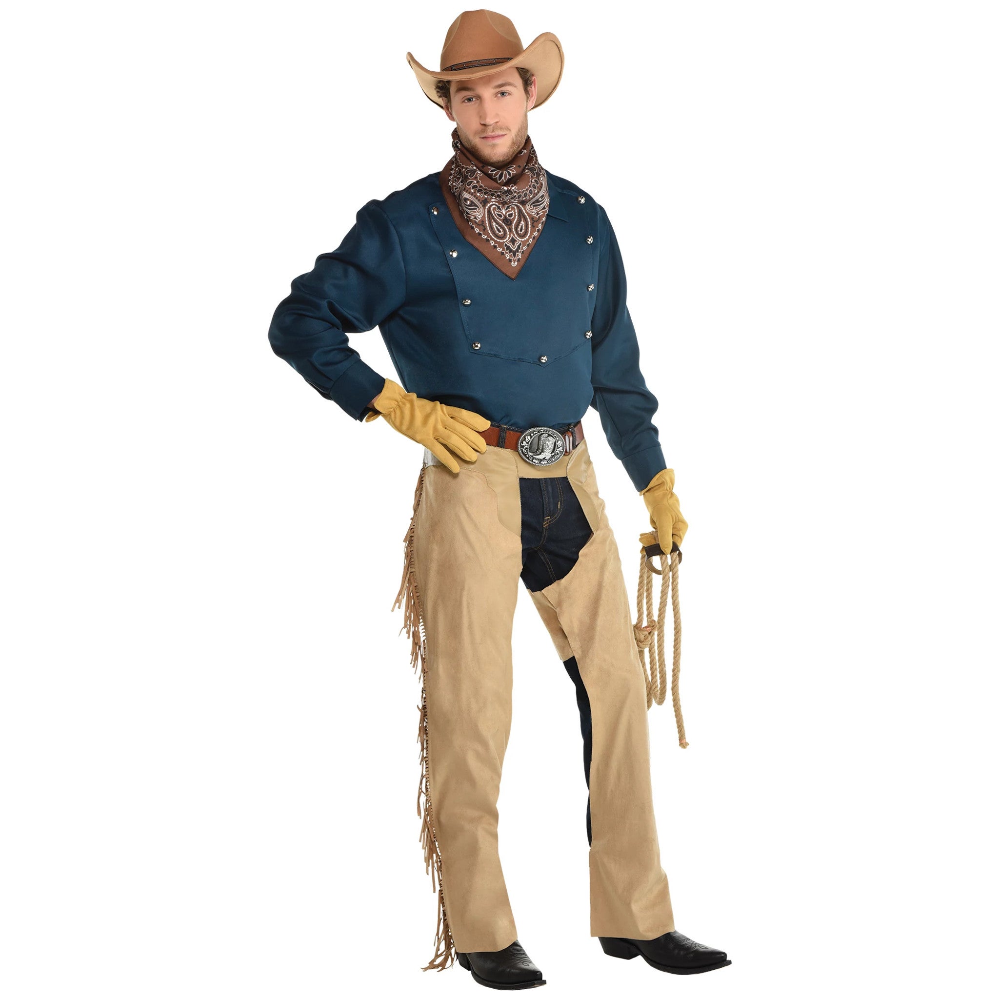 A cowboy with a hat, chaps, and other accessories