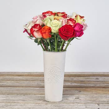 the multicolored roses in a white vase