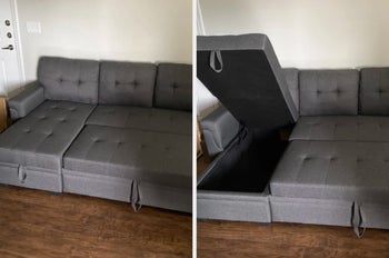 collage, reviewer photos of sleeper futon pulled out, and the storage opened