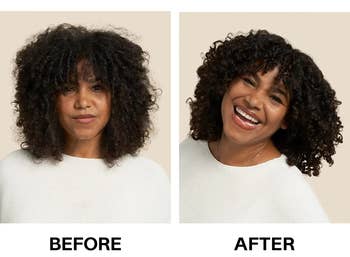 Model's curly brown hair before using product and after with a white top on