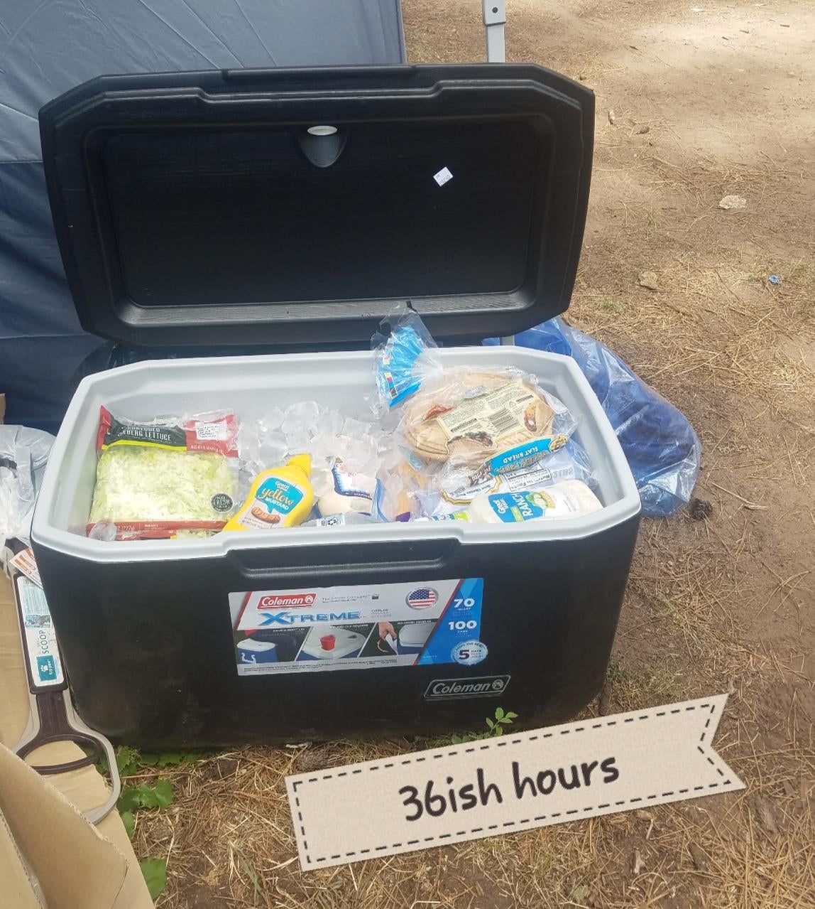 Reviewer pic of the cooler with drinks and snacks inside and overlay text that says 