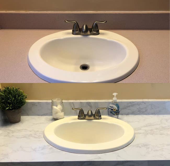 on the top, a reviewer image of a tan bathroom countertop and, on the bottom, the same countertop with a faux white marble covering 