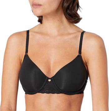 model in black bra with lace trim