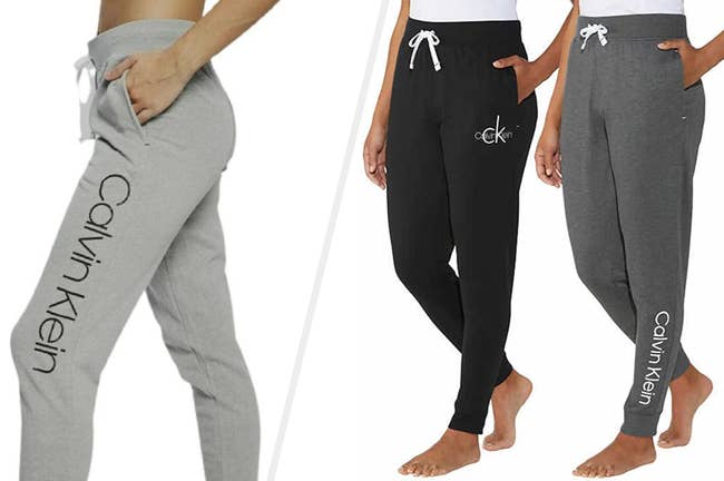 Two images of models wearing gray and black joggers