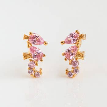 pink CZ seahorse shaped earrings