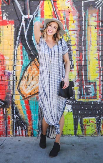 A customer review photo of the maxi dress in gray