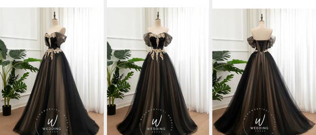 Three images of long black wedding dress