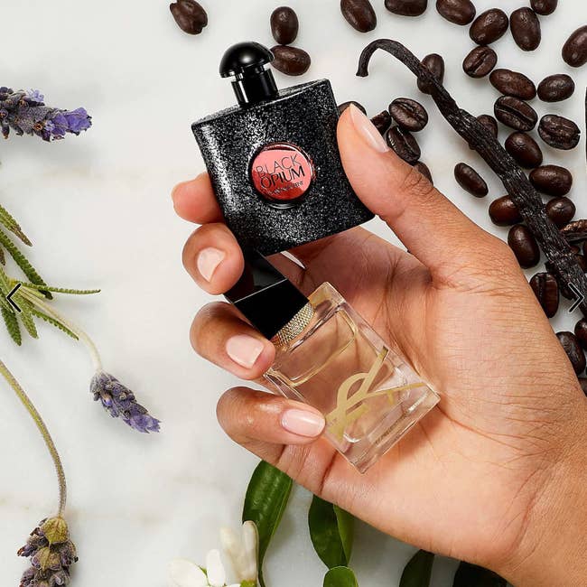 A manus holds 2 perfume bottles, 1 achromatic circular and 1 wide rectangular, surrounded by lavender and java beans connected a achromatic surface