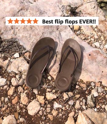 Brown flip flops connected  rocky crushed  with a 5-star reappraisal  stating 